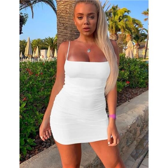 Sexy Sleeveless Ruched Spaghetti Strap Bodycon Mini Club Party Dress - Picture 3 of 7